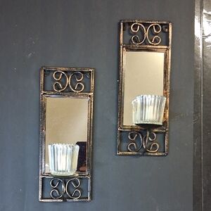 Vintage Gold/bronze Metallic metal Mirrored wall sconces(2)& Glass Candle Hldrs.